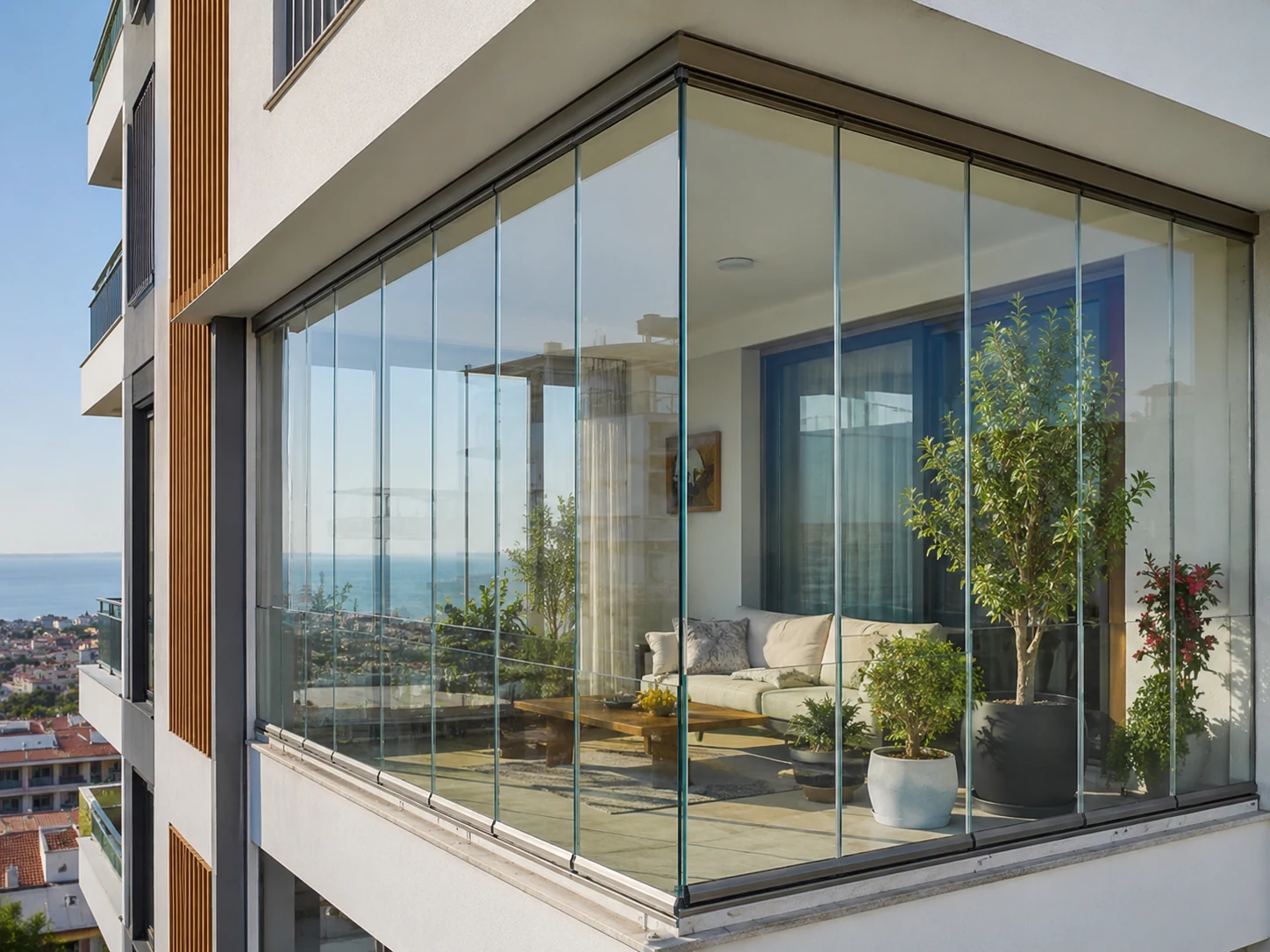 Modern bir binada tamamlanmış cam balkon uygulaması